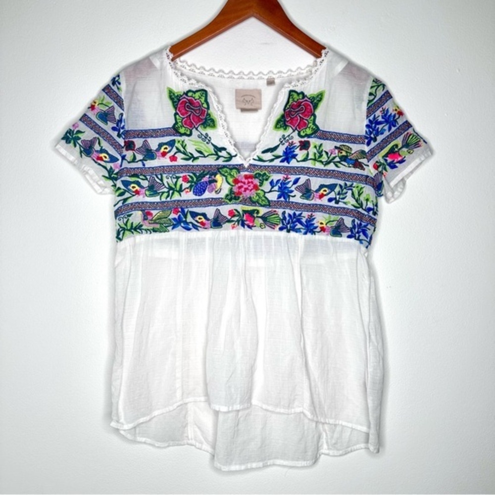 Vanessa Virginia Anthropologie Elegant White Floral Embroidered Blouse Size 4